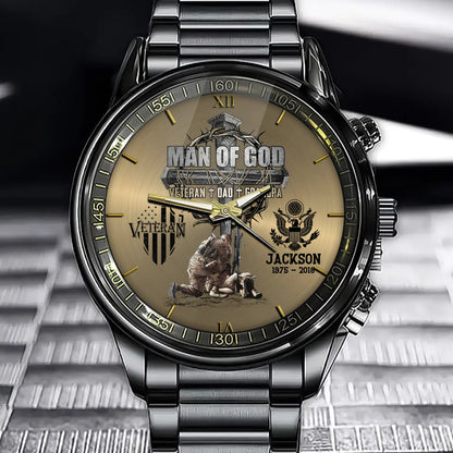 Man Of God Veteran Dad Papa Personalized Watch For Father Veteran Grandpa