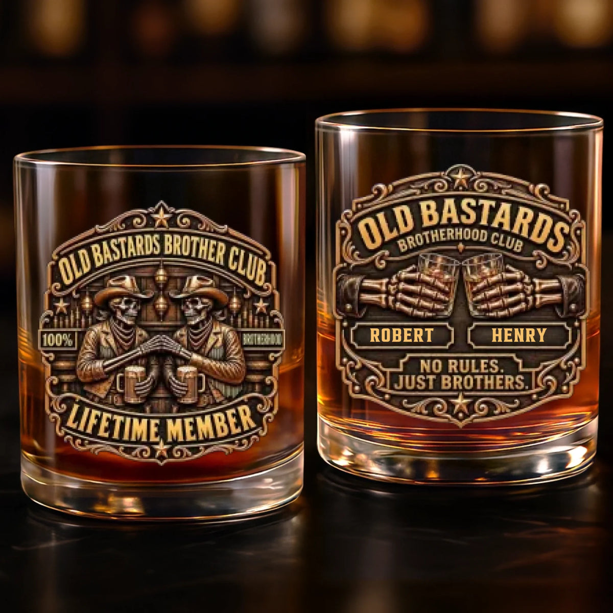Custom Name Skull Brotherhood Gifts for Brothers - Personalized Whiskey Glass